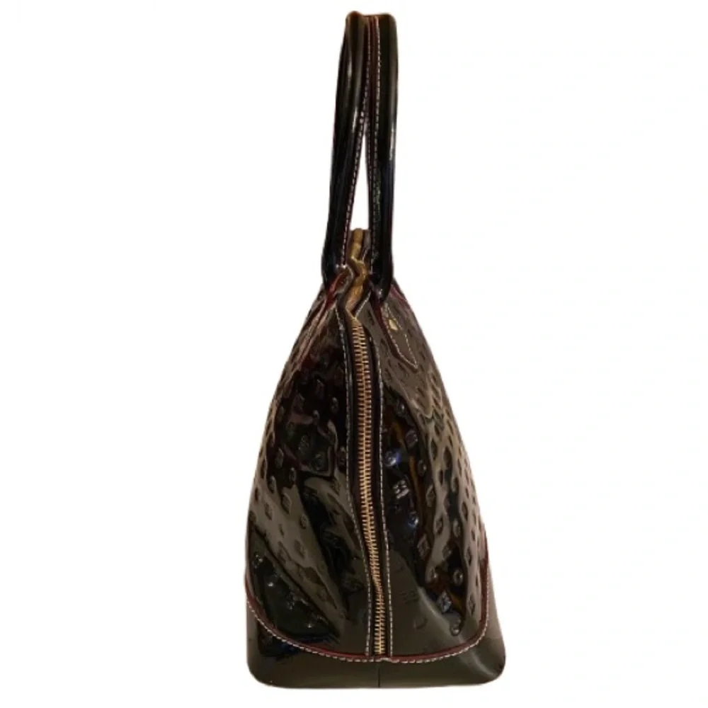 Arcadia Women’s Black Patent Leather Dome Handbag Zip Closure Made in Italy EUC